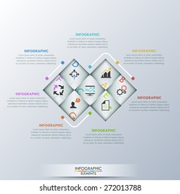 Modern infographic option template with 7 white paper rectangles and icons on grey background. Vector. Can be used for web design and  workflow layout