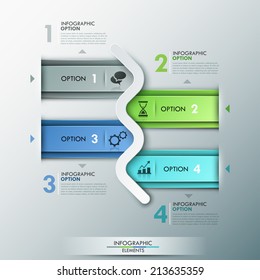 Modern infographic options banner with 4 ribbons and white arrows. Vector. Can be used for web design and  workflow layout