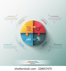 Modern infographic options banner with circle made of 4 puzzle elements. Vector. Can be used for web design and workflow layout