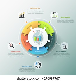 Modern infographic options banner with pie chart divided into 5 puzzle elements. Vector. Can be used for web design and workflow layout