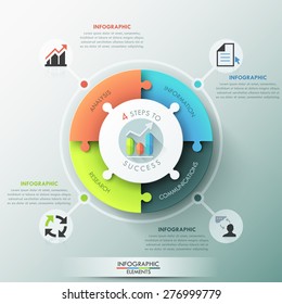 Modern infographic options banner with pie chart divided into 4 puzzle elements. Vector. Can be used for web design and workflow layout