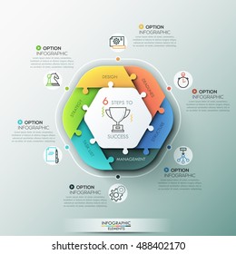 Modern infographic options banner with pie chart rectangle divided into 6 puzzle elements. Vector. Can be used for web design and workflow layout