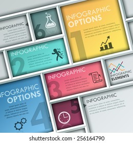 Modern infographic options template with paper frames on grey background. Vector. Can be used for web design and  workflow layout