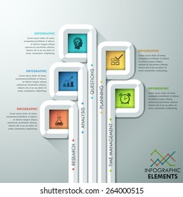 Modern infographic options template with white ribbons and rectangles for 5 steps. Vector. Can be used for web design and  workflow layout