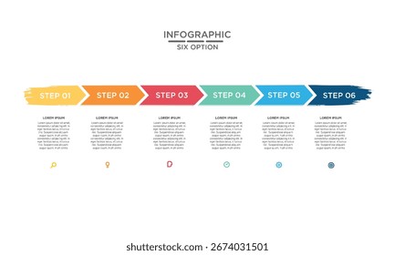 Plantilla de presentación infográfica moderna que muestra seis pasos coloridos con flechas, bloques de texto e íconos, ideal para procesos de negocio, cronología o flujo de trabajo.