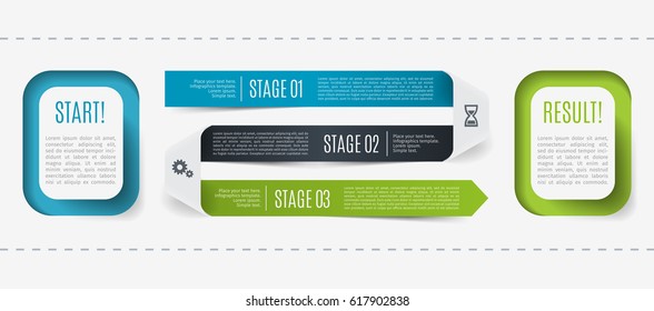 Modern infographic, process description from start to result, 3 steps. Template for presentation, chart, graph. Vector illustration
