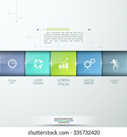 Modern infographic process template with 5 colorful square buttons. Vector. Can be used for web design and  workflow layout