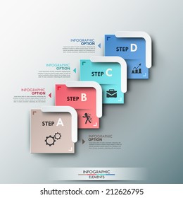 Modern infographic process template with paper shapes and white arrows for 4 steps. Vector. Can be used for web design and  workflow layout