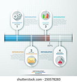 Modern infographic process template with round paper shapes and flat icons for 4 steps. Vector. Can be used for web design and  workflow layout