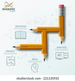 Modern infographic process template with unusual pencil for 4 steps and hand drawn sketches on paper background.  Vector. Can be used for web design and  workflow layout