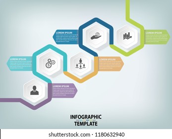 Modern infographic process template vector template with 5 hexagons can be used for workflow layout, diagram, website, corporate report, advertising, marketing.