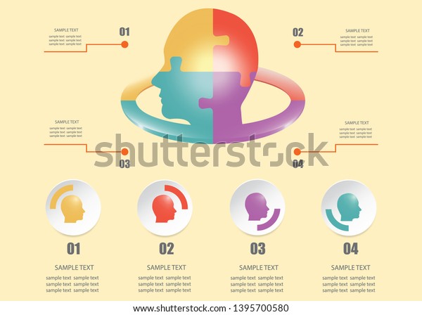 Modern infographic of puzzle head divided into\
four sections in the center of vector and four numbered heads on\
white round labels ready for your\
text.