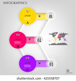 Modern infographic, set, group, collection of labels, banners with numbers and simple icons, dotted world map, isolated on bright background, for infographics, presentations, documents
