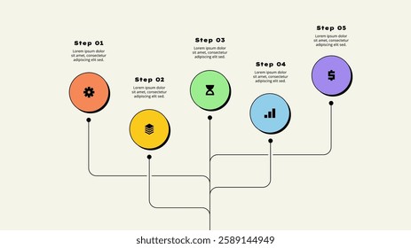 Modern Infographic Showing Five Steps With Colored Icons and Descriptive Text. Neobrutalism design template