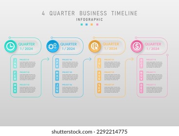 modern infographic simple clean business planning 4 quarter multicolored circle timeline with icons and the end line has a circle with an arrow month abbreviation gray gradient background