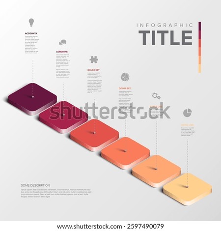 A modern infographic with six colorful gradient blocks in progression and icons. It illustrates step-by-step processes, with text and visuals for data presentation and business planning.