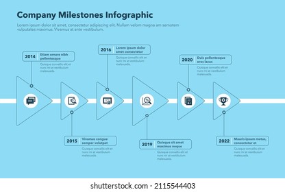 Modern infographic with six steps for company milestones - blue version. Easy to use for your website or presentation.