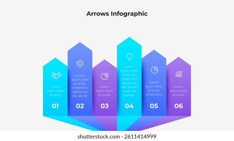 Modern infographic with six vertical arrows, each step featuring icons and text, ideal for business, strategy, or process presentation