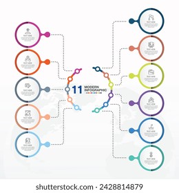 Modern infographic template with 11 steps, process or options, process chart, Used for process diagram, presentations, workflow layout, flow chart, infograph. Vector eps10 illustration.