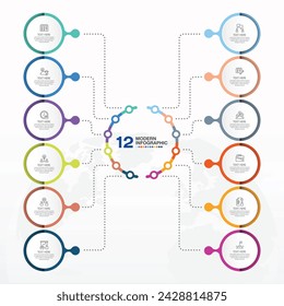 Plantilla de infografía moderna con 12 pasos, proceso u opciones, diagrama de proceso, Utilizado para diagrama de proceso, presentaciones, diseño de flujo de trabajo, diagrama de flujo, infografía. Ilustración del vector eps10.