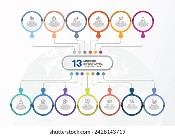 Modern infographic template with 13 steps, process or options, process chart, Used for process diagram, presentations, workflow layout, flow chart, infograph. Vector eps10 illustration.