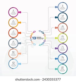 Modern infographic template with 13 steps, process or options, process chart, Used for process diagram, presentations, workflow layout, flow chart, infograph. Vector eps10 illustration.