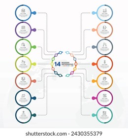 Modern infographic template with 14 steps, process or options, process chart, Used for process diagram, presentations, workflow layout, flow chart, infograph. Vector eps10 illustration.