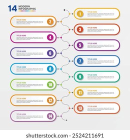 Moderne Infografik-Vorlage mit 14 Schritten, Prozess oder Optionen, Prozessdiagramm, Verwendet für Prozessdiagramm, Präsentationen, Workflow-Layout, Flussdiagramm, Infograph. Vektorgrafik eps10.
