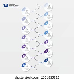 Plantilla infográfica moderna con 14 pasos, proceso u opciones, diagrama de proceso, utilizado para diagrama de proceso, presentaciones, diseño de flujo de trabajo, diagrama de flujo, infografía. Vector eps10 ilustración.