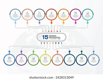 Moderne Infografik-Vorlage mit 15 Schritten, Prozess oder Optionen, Prozessdiagramm, Verwendet für Prozessdiagramm, Präsentationen, Workflow-Layout, Flussdiagramm, Infograph. Vektor eps10-Darstellung.