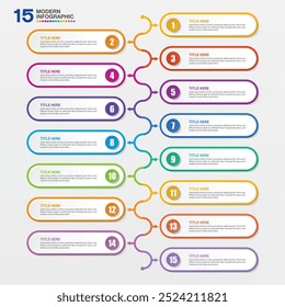 Modelo de infográfico moderno com 15 etapas, processo ou opções, gráfico de processo, Usado para diagrama de processo, apresentações, layout de fluxo de trabalho, fluxograma, infográfico. Ilustração do vetor eps10.