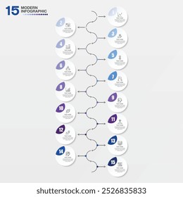 Modelo de infográfico moderno com 15 etapas, processo ou opções, gráfico de processo, Usado para diagrama de processo, apresentações, layout de fluxo de trabalho, fluxograma, infográfico. Ilustração do vetor eps10.