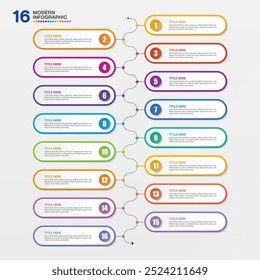 Modern infographic template with 16 steps, process or options, process chart, Used for process diagram, presentations, workflow layout, flow chart, infograph. Vector eps10 illustration.