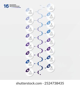 Modelo de infográfico moderno com 16 etapas, processo ou opções, gráfico de processo, Usado para diagrama de processo, apresentações, layout de fluxo de trabalho, fluxograma, infográfico. Ilustração do vetor eps10.