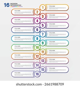 Plantilla infográfica moderna con 16 pasos, proceso u opciones, diagrama de proceso, utilizado para diagrama de proceso, presentaciones, diseño de flujo de trabajo, diagrama de flujo, infografía. Vector eps10 ilustración.