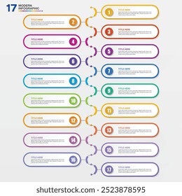 Modern infographic template with 17 steps, process or options, process chart, Used for process diagram, presentations, workflow layout, flow chart, infograph. Vector eps10 illustration.