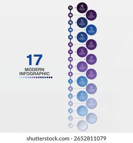 Modelo de infográfico moderno com 17 etapas, processo ou opções, gráfico de processo, Usado para diagrama de processo, apresentações, layout de fluxo de trabalho, fluxograma, infográfico. Ilustração do vetor eps10.