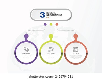 Moderne Infografik-Vorlage mit 3 Schritten, Prozess oder Optionen, Prozessdiagramm, Verwendet für Prozessdiagramm, Präsentationen, Workflow-Layout, Flussdiagramm, Infograph. Vektor eps10-Darstellung.