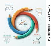 Modern infographic template with 4 curved colorful pencils and hand drawn sketches on paper background.  Vector. Can be used for web design and  workflow layout