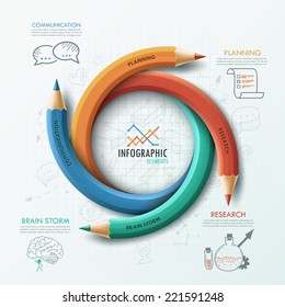 Modern infographic template with 4 curved colorful pencils and hand drawn sketches on paper background.  Vector. Can be used for web design and  workflow layout