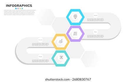 Una Plantilla infográfica moderna con 4 hexágonos que muestran un proceso cíclico. Utilícelo para presentaciones de negocios, marketing, planificación de proyectos o flujo de trabajo.