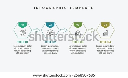 Modern infographic template with 4 options. Business process with icons and hexagonal shape.