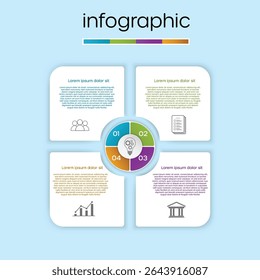 Modern infographic template with 4 steps for business process visualization. Circle diagram with light bulb icon and options for data presentation, strategic planning, and workflow. 