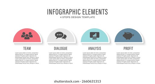 Moderne Infografik-Vorlage mit 4 Schritten. Infografik-Layout für Unternehmen und Marketing mit Symbolen und Platz für Text
