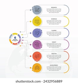 Moderne Infografik-Vorlage mit 6 Schritten, Prozess oder Optionen, Prozessdiagramm, Verwendet für Prozessdiagramm, Präsentationen, Workflow-Layout, Flussdiagramm, Infograph. Vektor eps10-Darstellung.