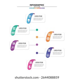 Moderna Plantilla de infografía con 6 pasos unidos a un círculo central. Diseño de Vector plano con iconos: perfecto para flujos de trabajo, gráficos, informes, presentaciones y elementos visuales de datos de Web.