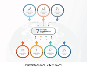 Modern infographic template with 7 steps, process or options, process chart, Used for process diagram, presentations, workflow layout, flow chart, infograph. Vector eps10 illustration.