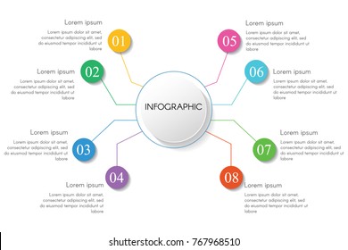 Modern infographic template with 8 options. Template for graphics, presentation, business, web design, reports. Colorful chart with 8 steps. With space for text and icons.