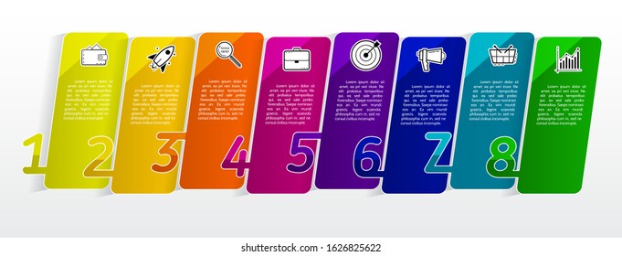 Modern Infographic template with 8 steps, icons for 8 options, colorful labels for business. Vector element can be used for workflow graph, chart, web layout.