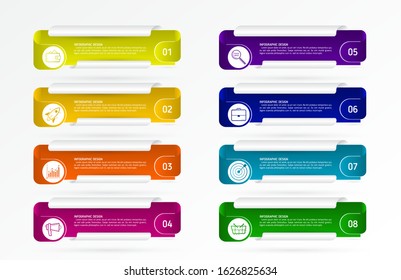 Modern Infographic template with 8 steps, icons for 8 options, colorful labels for business. Vector element can be used for workflow graph, chart, web layout.
